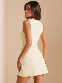 SHEIN BAE Women's Minimalist Sexy Knit Sleeveless Round Neck Waist Ruched A-Line Mini Dress Elegant Summer Dresses For Women Going Out Pale Yellow - Light Yellow - View 2