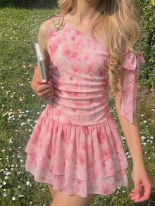 SHEIN 时尚优雅粉色碎花不对称肩连衣裙，适合青少年女孩，春季连衣裙，夏季粉色连衣裙，碎花度假连衣裙，夏季少女连衣裙，春季连衣裙，青少年女孩服装连衣裙，春季连衣裙 - 粉色 - 查看 9