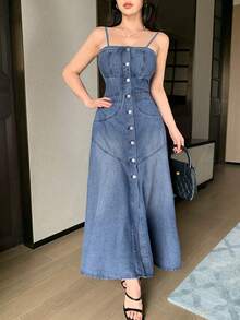 DAZY Đầm hai dây denim bạc màu, phong cách thường ngày dành cho nữ, thích hợp cho mùa xuân và mùa hè. - Màu xanh lam - Xem 8