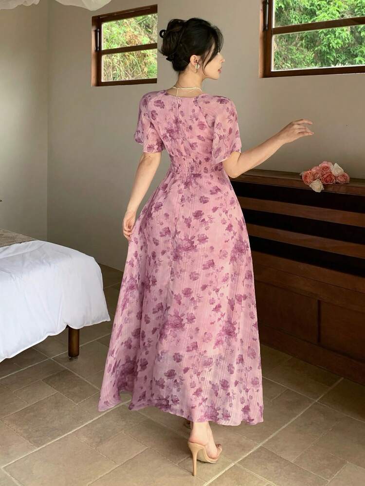 Elegant Ditsy Floral Slim Fit Dress, Suitable For Spring & Summer