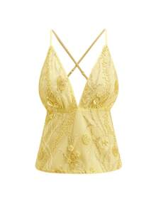 Gownix Débardeur sexy à détails de sequins floraux pour femmes - Jaune citron - Voir 6