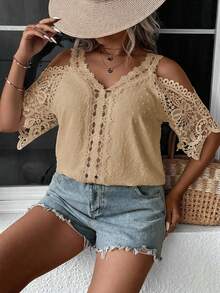 SHEIN Clasi Plus Size Women's Contrast Lace Off-Shoulder Fashionable Blouse - Khaki - View 4