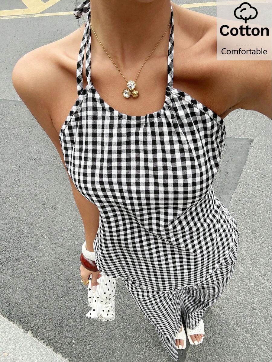 Siren Gaze Women's Plaid Backless Halter Top And Long Pants 2 Pieces Set, Spring/Summer - Black and White - View 1