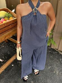 Dazy Plus Fashionable Striped Halter Metal Buckle Decor Sleeveless Top And Loose Wide Leg Pants Two Pieces Set, Plus Size, Blue, Spring/Summer Resort Style - Navy Blue - View 7