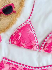 SHEIN Bộ đồ bơi tankini họa tiết hoa nhí màu hồng cánh sen dành cho thiếu nữ, viền vỏ sò, kiểu áo hai dây hở lưng mùa hè, đồ bơi đi biển. - Màu Hồng Tươi - Xem 7
