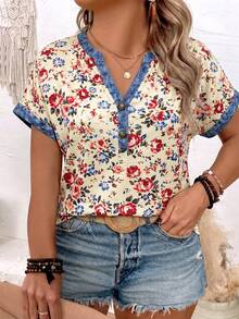 EMERY ROSE Women's Spring/Summer New Arrival Floral Print Patchwork Faux Denim Print Casual Versatile Plus Size T-Shirt - Multicolor - View 5