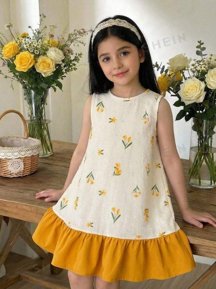 Vestido de verano casual, cómodo y lindo con rayas amarillas para niña, uso versátil para el día a día - Amarillo - Ver 1
