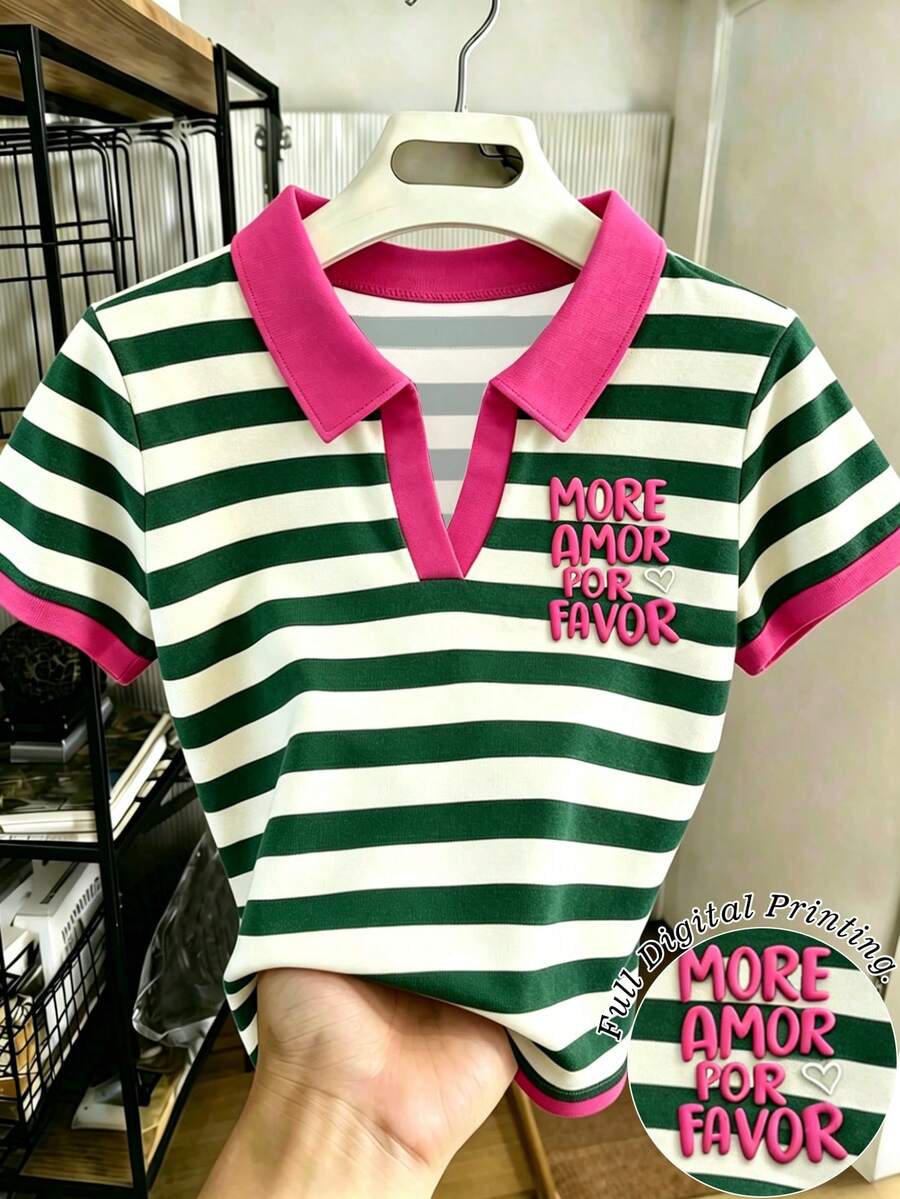 Resyla 女士休闲条纹印花撞色 Polo 衫,“More Amor Por Favor”字母刺绣短袖 V 领针织衫,学院风和 Y2K 风格,适合日常穿着和送礼。 - 彩色 - 查看 1