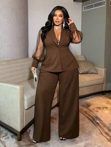 NU&NOW Plus Size Commuter Suit Set With Mesh Patchwork Design - Coffee Brown - View 4