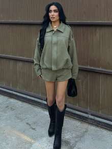 AfricaSnchz Women's Regular Faux Suede Long Sleeve Single Breasted Loose Casual Jacket, For Spring, Women's Pocket Metal Button Short Military Green Jacket Suitable For Spring And Autumn - Army Green - View 6