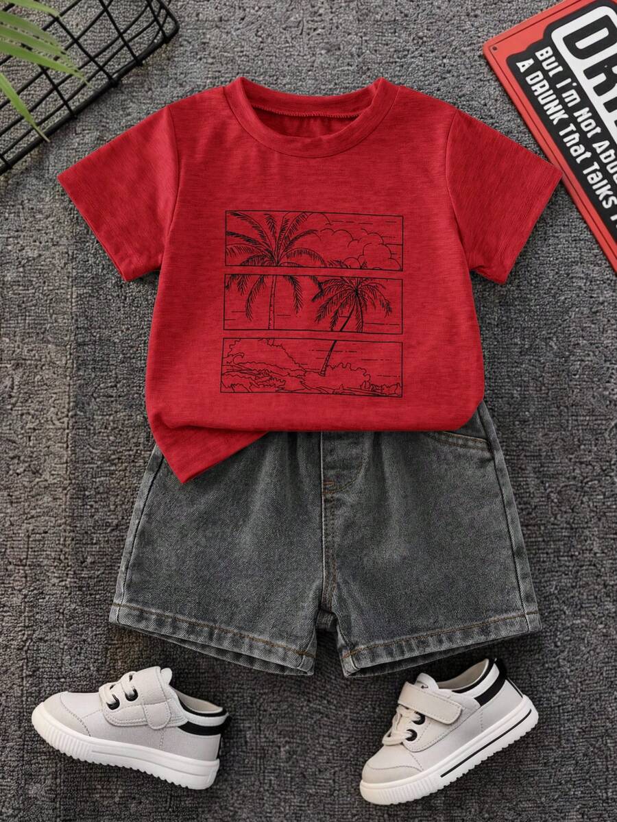 2pcs/Set Baju Bayi Laki-laki Kasual Musim Panas untuk Liburan Pantai, Kaos Motif Hijau dan Celana Pendek Denim Hitam - MultiWarna - View 1