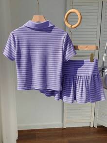 Comfortcana Bộ đồ nữ thời trang xuân/hè 2026 mới, áo thun ngắn tay kẻ sọc và chân váy mini, trang phục mùa hè cho nữ, ngày Valentine, trang phục đi biển, phong cách Y2K màu tím. - Nhiều màu - Xem 2
