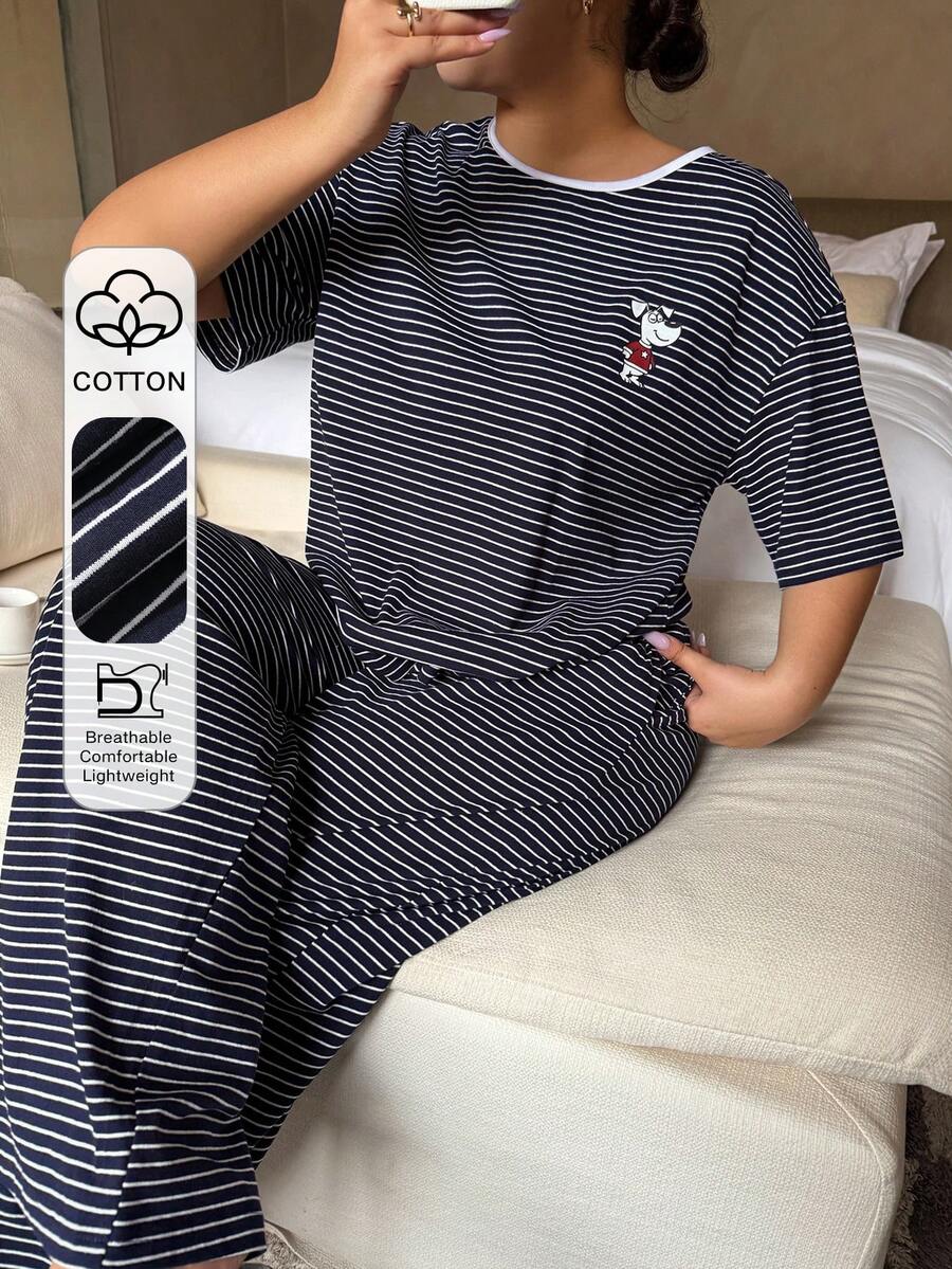 Dazy Plus 两件套条纹休闲家居服,卡通印花圆领宽松短袖上衣和长裤,大码女式春夏睡衣套装 - 藏蓝色 - 查看 1