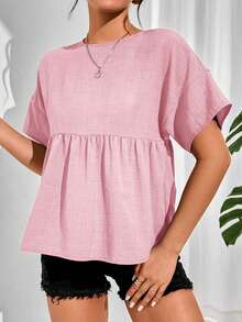SHEIN Essnce 女士休闲纯色短袖衬衫 - 淺粉色 - 查看 5