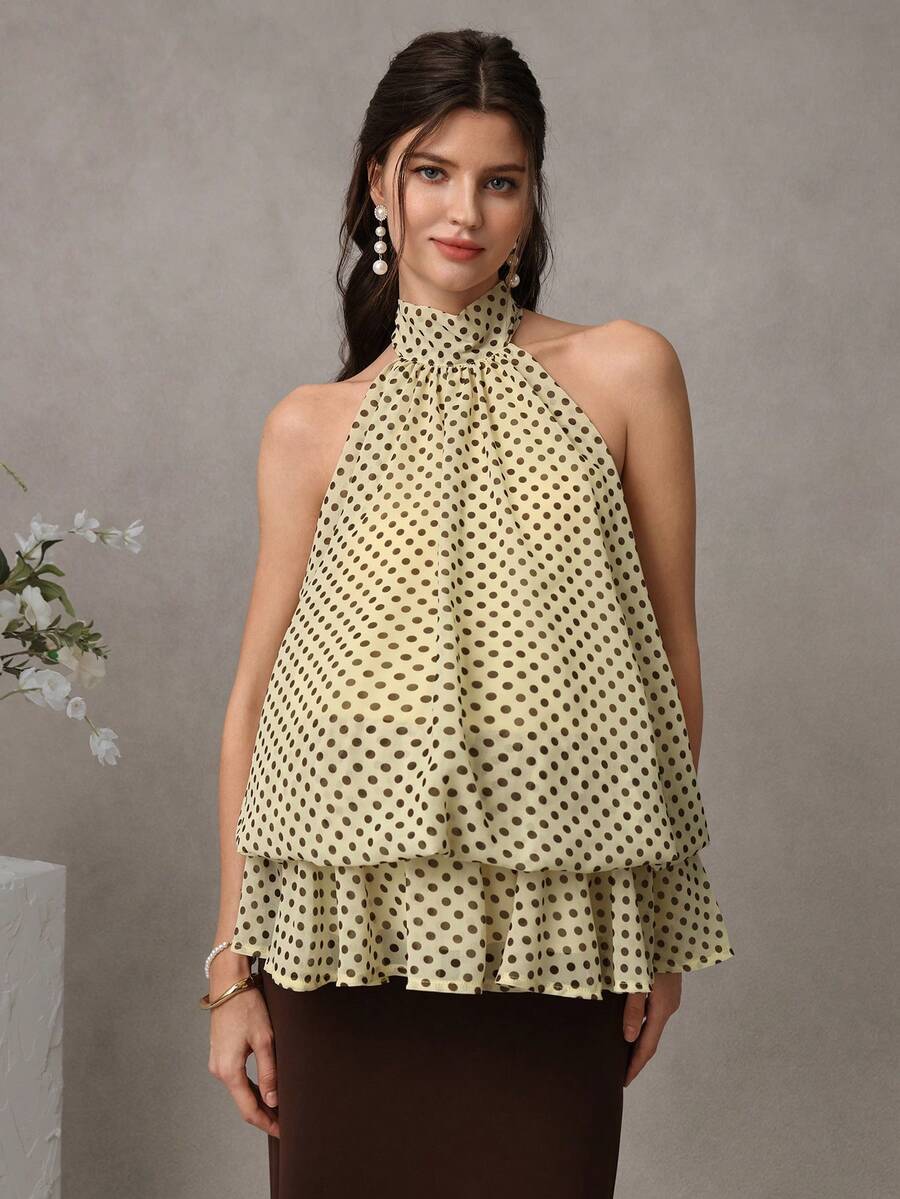 Áo hai dây Momance-D bằng vải chiffon thanh lịch in họa tiết chấm bi dành cho nữ, váy bầu, váy hẹn hò cho nữ. - Màu vàng - Xem 1