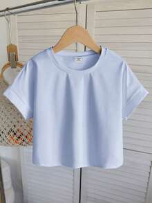 SHEIN Kaos Crop Top Lengan Pendek Kerah Bulat Longgar Warna Polos Kasual untuk Remaja Perempuan - Biru - View 4