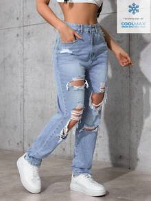 SHEIN ICON 女士时尚休闲破洞紧身牛仔裤 - 中等水洗藍 - 查看 6