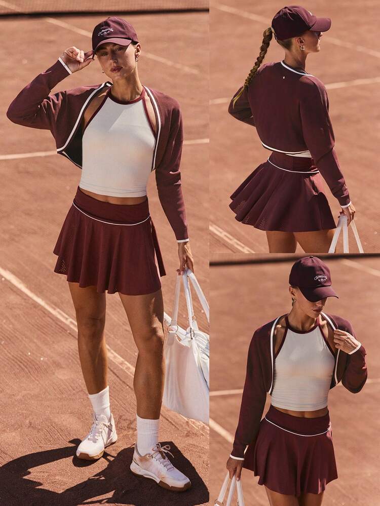 Lightweight Wrinkle-Resistant Breathable Anti-Pilling Embroidered Back Logo Knit Tennis Shrug With Contrast Trim Cuffs Collar Summer Golf Tennis Layering Daily Casual Wear