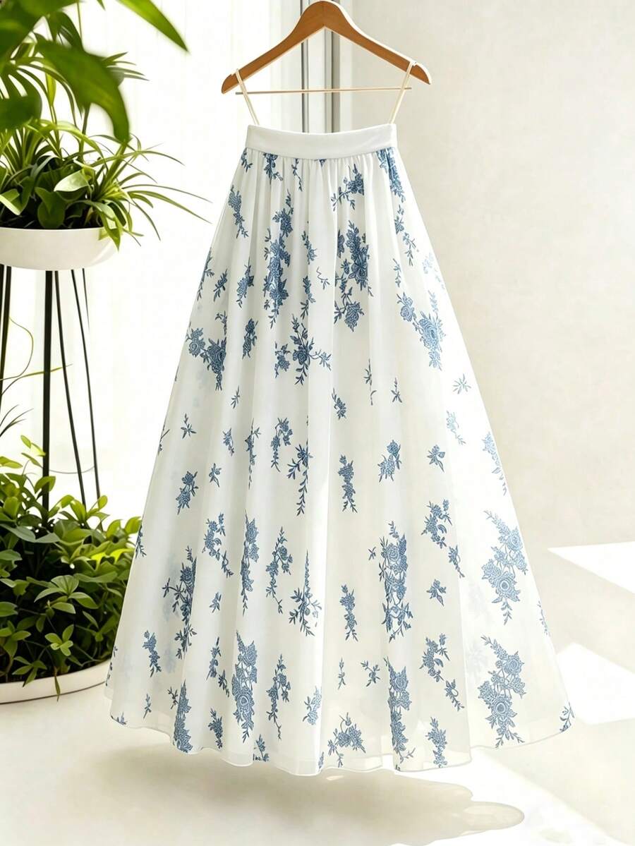 GlowEve Falda plisada con estampado floral azul, elegante y casual para uso diario y playa, de verano - Azul - Ver 1