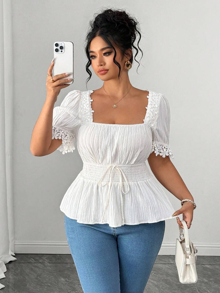 Elenzga Camisa ajustada con cuello de volantes y patchwork estilo francés - Albaricoque - Ver 1