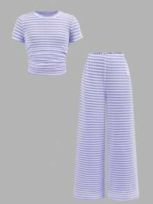 SHEIN Tween Girls' Casual Yellow White Striped Tank Top And Shorts Set,Comfortable&Minimalist Two Pieces Short Summer Clothes - Purple - View 8