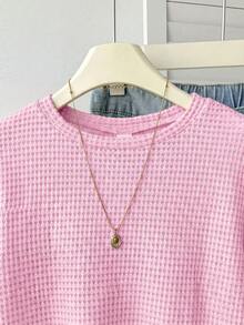 SHEIN 少女纹理圆领短袖休闲T恤，简约家居休闲服 - 粉色 - 查看 4