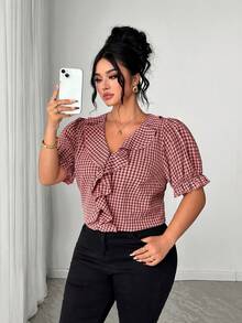 SHEIN Clasi Plus Size Women's Pink And Grey Plaid Woven Puff Sleeve V-Neck Blouse,Elegant Summer Office Work Commute Top,Casual Fitted Blouse For Dates & Parties - Burgundy - View 7