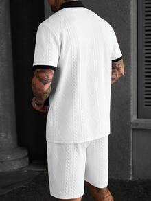 Manfinity CasualCool Conjunto de 2 piezas de camisa y pantalones cortos casuales con textura de contraste para hombre, primavera/verano - Blanco y Negro - Ver 5
