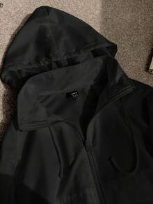 SHEIN PETITE CURVE Plus Size Women's Solid Color Drawstring Hooded Zip-Up Casual Versatile Daily Wear Jacket - Black - View 4