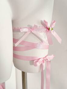 SHEIN Lace Patchwork Bow Leg Garter - Pink - View 12