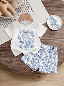 SHEIN Bộ áo thun và quần short in hình đại dương cho bé gái. - trắng - Xem 1