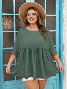 SHEIN CURVE+ Curve 尺码 US22 音乐节、海滨度假、波西米亚风女士超宽松弹力娃娃衫 T 恤 - 墨綠色 - 查看 4