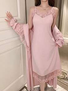 DAZY 女士蕾丝拼接长款睡裙吊带睡衣套装，秋冬款 - 粉色 - 查看 5