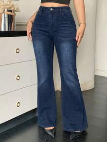 Dazy Plus Plus Size Women Washed Elastic Fitted Sequin Decor Flare Leg Jeans - Dark Wash - View 6