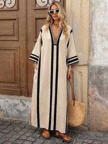 Brillora Đầm maxi dáng rộng xẻ tà in họa tiết dành cho nữ - Màu Khaki - Xem 5