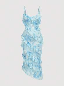 SHEIN MOD Women's Light Blue Summer Tropical Tea Party Holiday Asymmetrical Hem Cami Floral Multi-Layered Lotus Leaf Long Ruffle Trim Wedding Guest Midi Dress - Blue and White - View 3