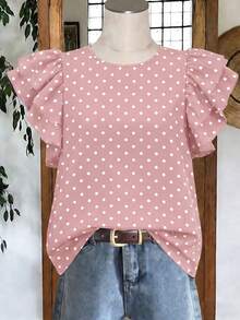 EMERY ROSE Women's Spring/Summer New Arrival Polka Dot Print Pattern Round Neck Ruffle Sleeve Casual Versatile T-Shirt - Multicolor - View 3