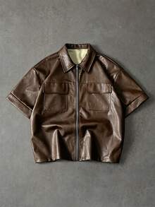PAVTROS Men's Loose Fit Short Sleeve Zip-Up Shirt - Coffee Brown - View 5