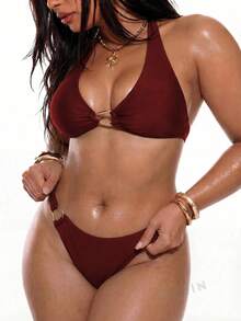 Oceva Conjunto de banho feminino plus size de cor lisa com top sexy para discoteca e tanga bikini a condizer - Borgonha - Ver 5