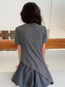 Dazy Kids Bộ áo thun cổ tròn thiết kế bất đối xứng dành cho bé gái (cỡ lớn). - Xám - Xem 6