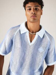 SUMWON Relaxed Fit Knitted Resort Polo Shirt With Open V-Neck Collar Mesh Texture Summer Vacation Top - Blue and White - View 5