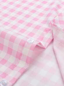 Manfinity Homme Áo sơ mi ngắn tay kẻ caro màu đỏ, logo thêu độc đáo, kiểu dáng tươi mới, năng động và đa năng. - Hồng - Xem 3