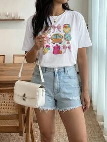 Enliva Plus Size Femei Summer Bowknot Print Decolteu Rotund Mânecă Scurtă Tricou Casual Teuri Grafice Topuri Femei - alb - Vizualizare 3