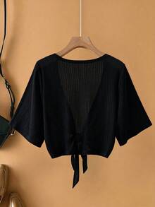 SHEIN CURVE+ 大码女式优雅休闲度假风网眼提花面料系带短袖外套 - 黑色 - 查看 2