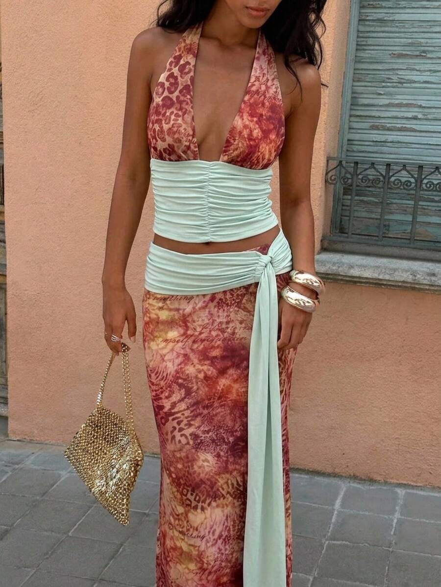 Aloruh 女士波西米亚印花露背吊带背心+迷你裙度假性感两件套 - 藍色 - 查看 1
