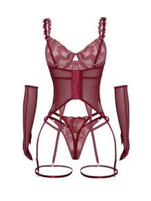 Seduluxe Red Summer Sexsy Special Occasion Wedding 6-Piece Lingerie Set For Women,Embroidered Mesh Bra,Thong,2 Leg Garters & 2 Wrist Cuffs,Elegant,French - Burgundy - View 7