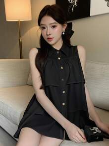 FRIFUL Women's Regular Turndown Collar Metal Button Decor Loose Multi-Layer Ruffle Patchwork Loose Solid Color Summer Blouse - Black - View 3