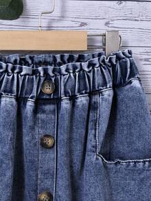 SHEIN 青少年女孩寬鬆休閒A字裙 荷葉邊裙襬前開衩牛仔長裙 夏季度假適用 - 深色水洗藍 - 查看 3