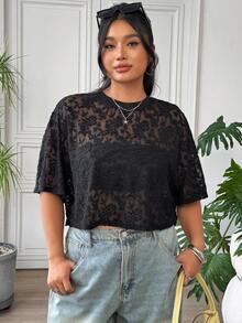 SHEIN EZwear 大码女式黑色休闲刺绣透视性感T恤 - 黑色 - 查看 6