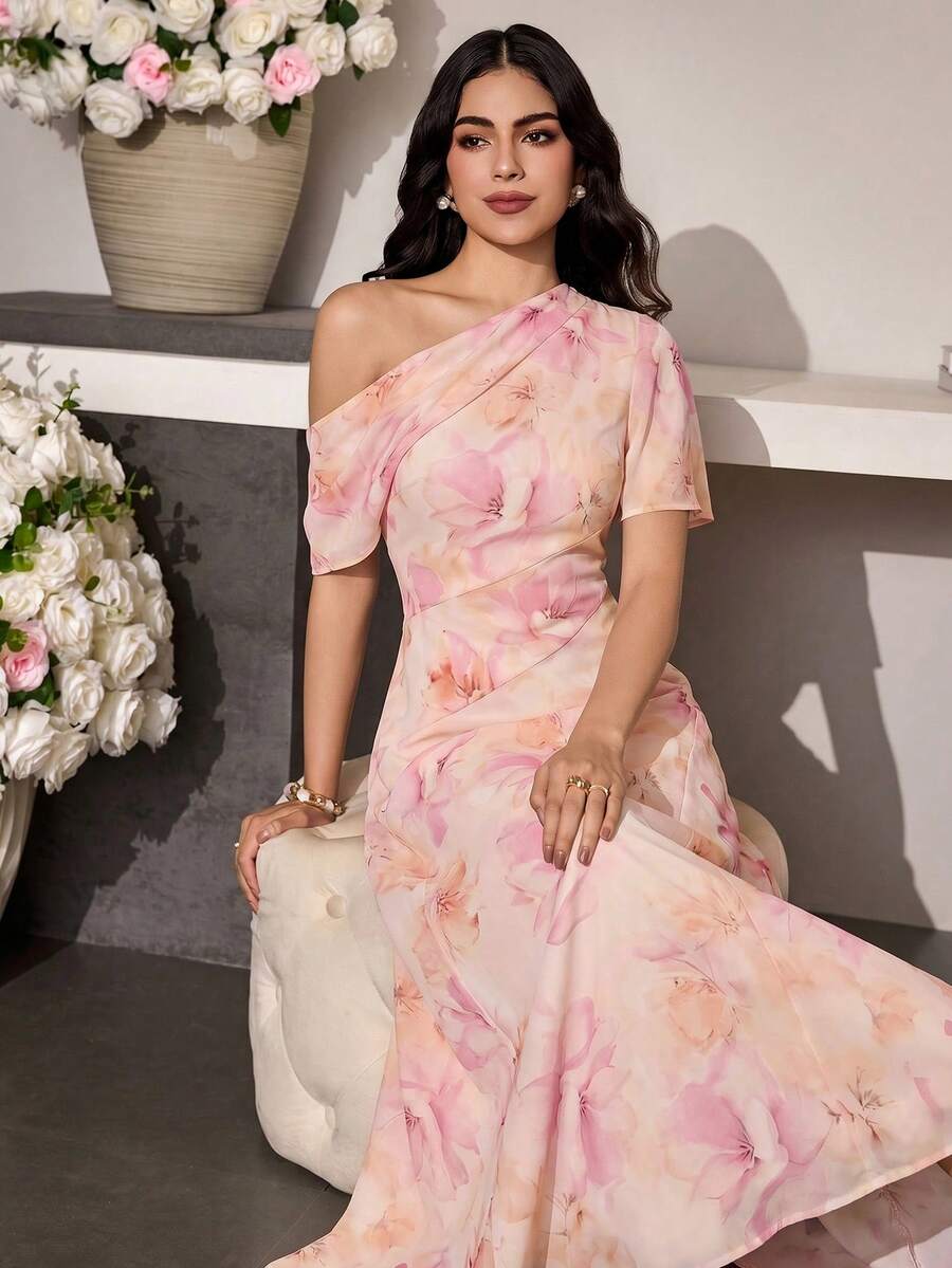 Modelyn 女款不對稱收腰休閒優雅洋裝，夏季婚禮粉色碎花 - 彩色 - 查看 1